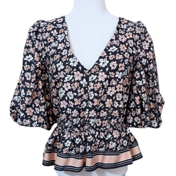 CLUB MONACO Floral‎ Blouse Top L Peplum Puff Short Sleeves Pink Black Cottage - Picture 2 of 11